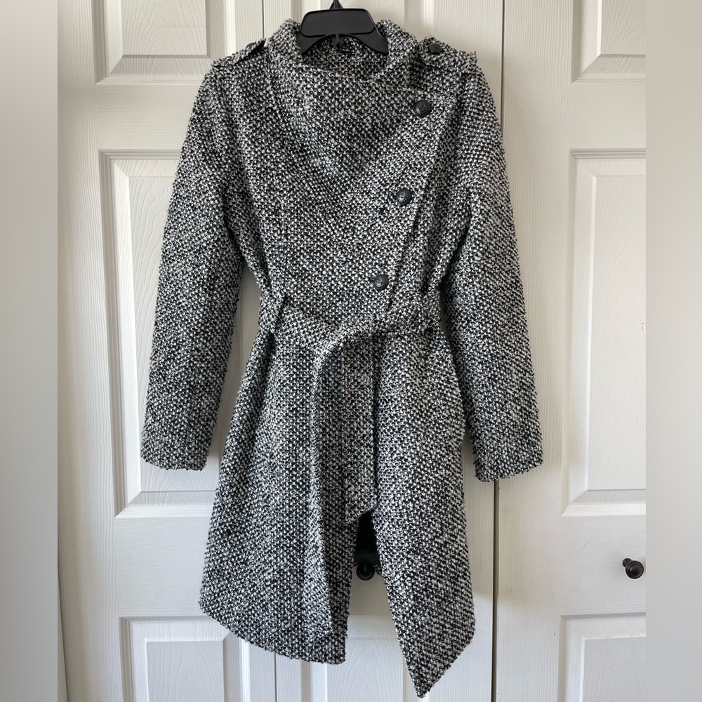 Guess Tweed Mid Length Asymmetrical Coat Jacket with Belt, S